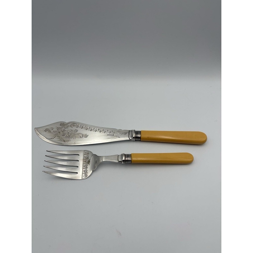 Vintage Staal London Silver Plated Fish Knife and Fork with Celluloid Handles